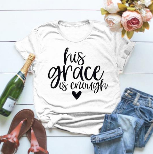 Women His Grace is Enough Letter Print Casual Round Neck Short Sleeve Tee