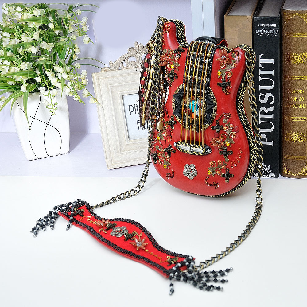 Guitar Replica Style Beaded Tassel Shoulder Crossbody Bag