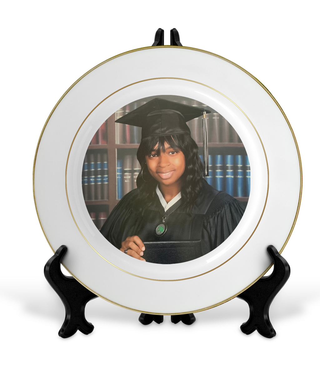 Customized 10" Rim Plate with Gold Trim| Personalized Ceramic Photo Plate| Custom Gold Accent Photo Gift Plate Keepsake with Stands and Gold Rims