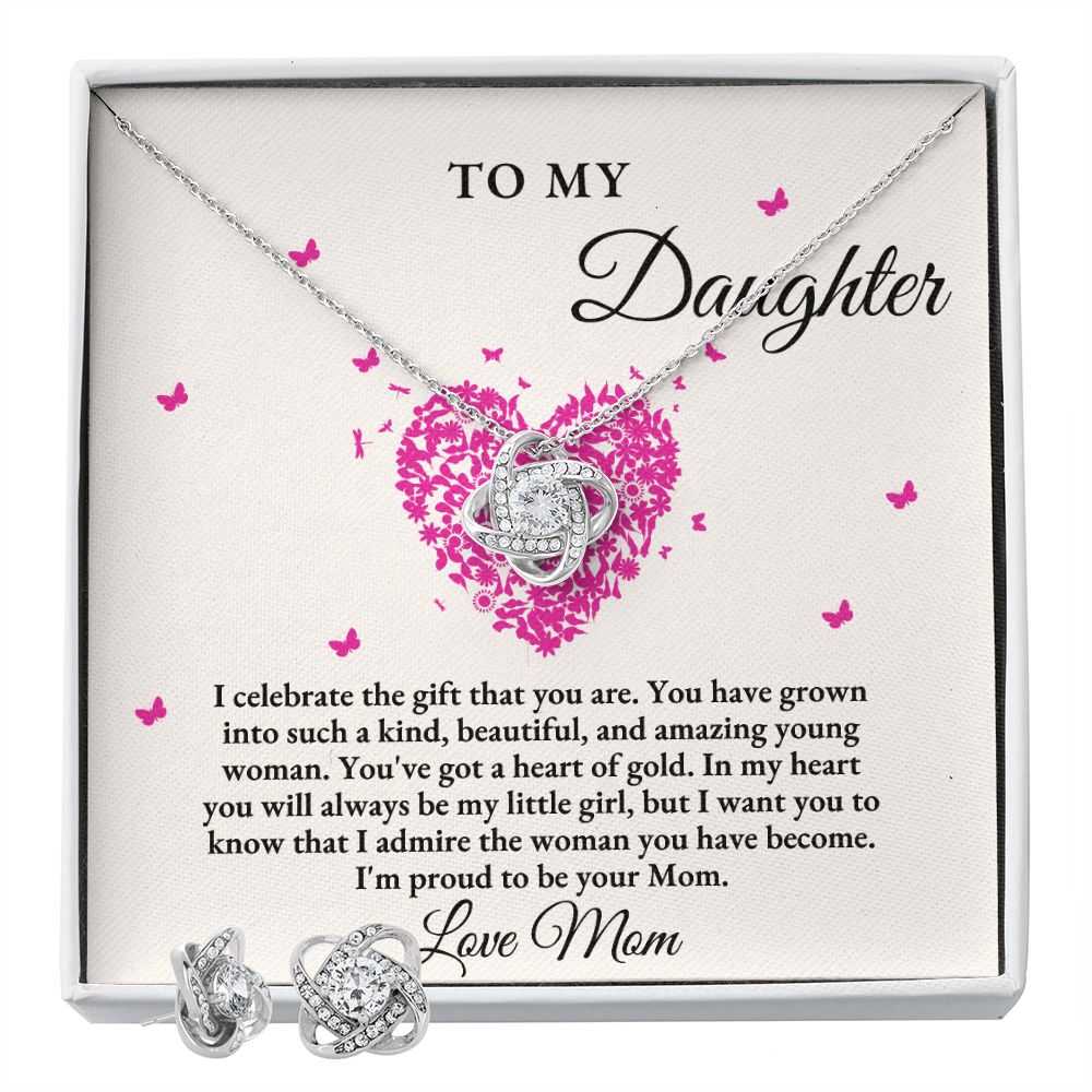 To My Daughter Love Mom Love Knot Earring & Necklace Set| Daughter Gift| Necklace and Earring Gift| Daughter Gift from Mom to Daughter