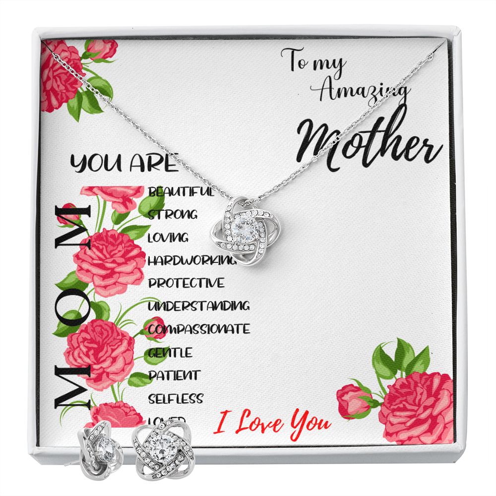 To My Amazing Mother Love Knot Earring & Necklace Set Gift for Mother, Birthday Gift, Christmas Gift, Necklace for Mom, Mother's Day Gift