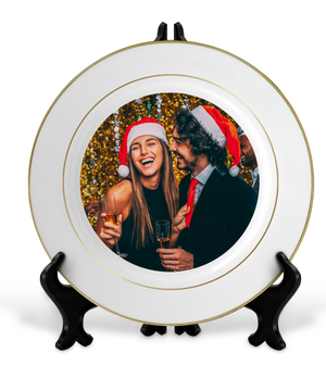 Customized 10" Rim Plate with Gold Trim| Personalized Ceramic Photo Plate| Custom Gold Accent Photo Gift Plate Keepsake with Stands and Gold Rims