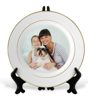 Customized 10" Rim Plate with Gold Trim| Personalized Ceramic Photo Plate| Custom Gold Accent Photo Gift Plate Keepsake with Stands and Gold Rims