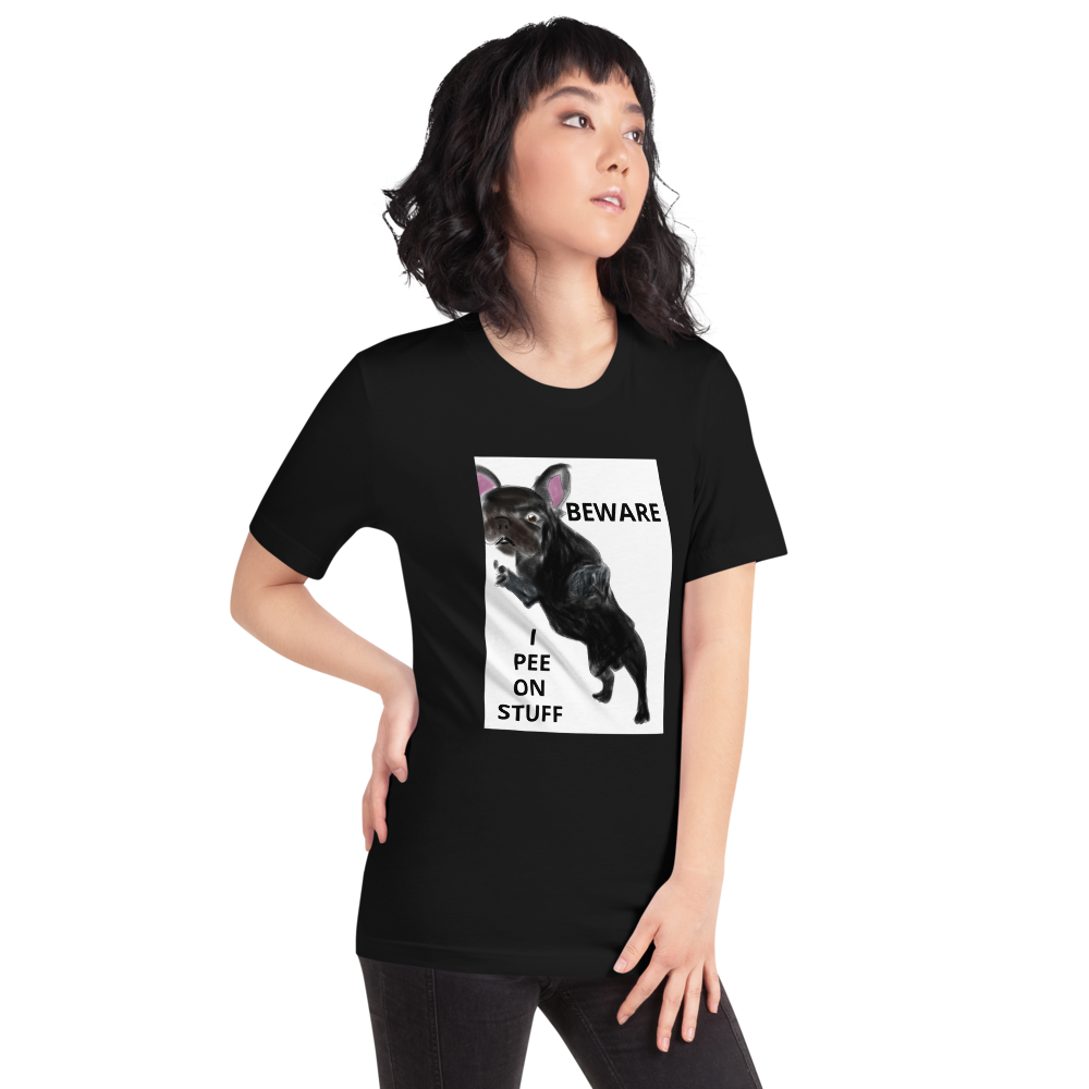 "BEWARE I PEE ON STUFF" Graphic French Bulldog Printed Short-Sleeve Unisex T-Shirt