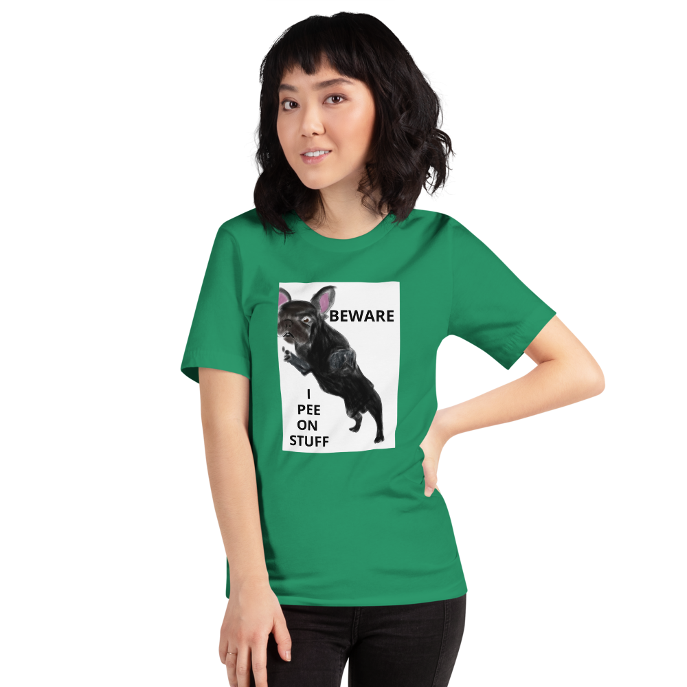 "BEWARE I PEE ON STUFF" Graphic French Bulldog Printed Short-Sleeve Unisex T-Shirt