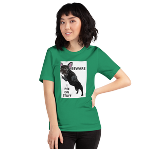 "BEWARE I PEE ON STUFF" Graphic French Bulldog Printed Short-Sleeve Unisex T-Shirt