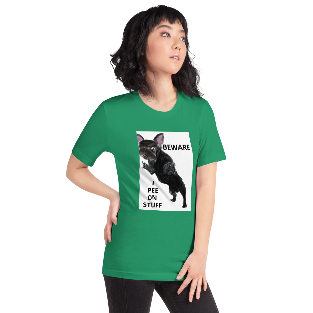 "BEWARE I PEE ON STUFF" Graphic French Bulldog Printed Short-Sleeve Unisex T-Shirt
