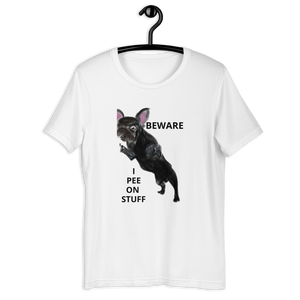 "BEWARE I PEE ON STUFF" Graphic French Bulldog Printed Short-Sleeve Unisex T-Shirt