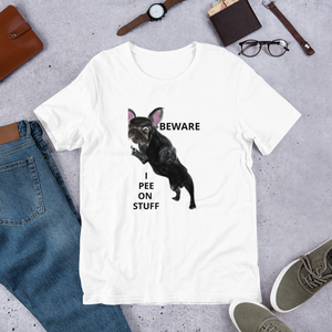"BEWARE I PEE ON STUFF" Graphic French Bulldog Printed Short-Sleeve Unisex T-Shirt