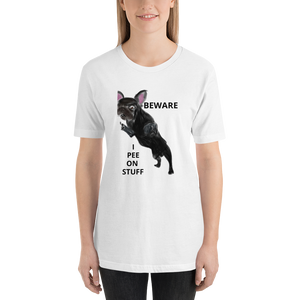 "BEWARE I PEE ON STUFF" Graphic French Bulldog Printed Short-Sleeve Unisex T-Shirt