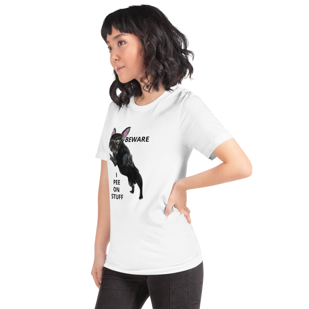 "BEWARE I PEE ON STUFF" Graphic French Bulldog Printed Short-Sleeve Unisex T-Shirt
