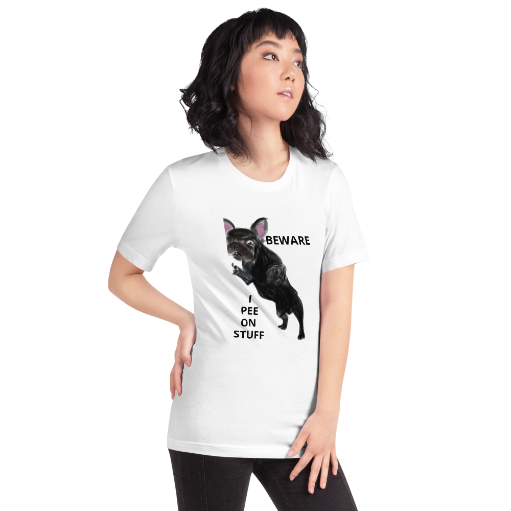 "BEWARE I PEE ON STUFF" Graphic French Bulldog Printed Short-Sleeve Unisex T-Shirt