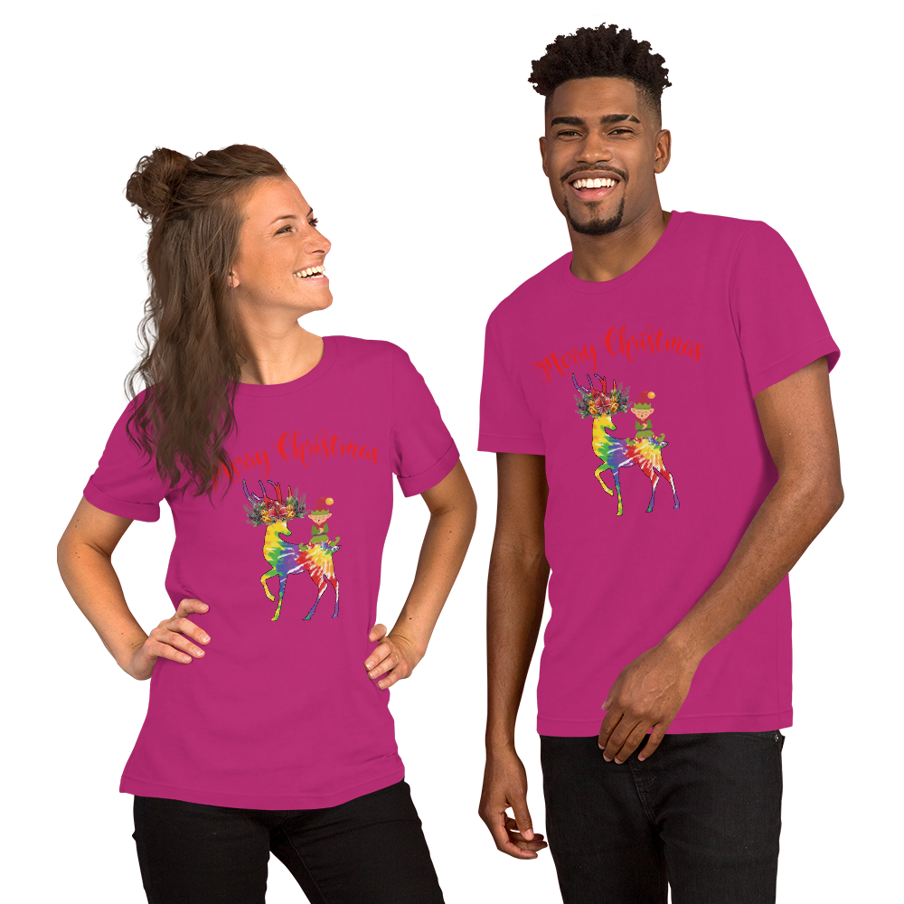 Merry Christmas Reindeer Elf Shirt, Christmas Merry Xmas shirt, Christmas Tee, Cute Merry Christmas Shirts, Cute Tie-Dye colors Deer Shirt, Holiday Shirt Short-Sleeve Unisex T-Shirt