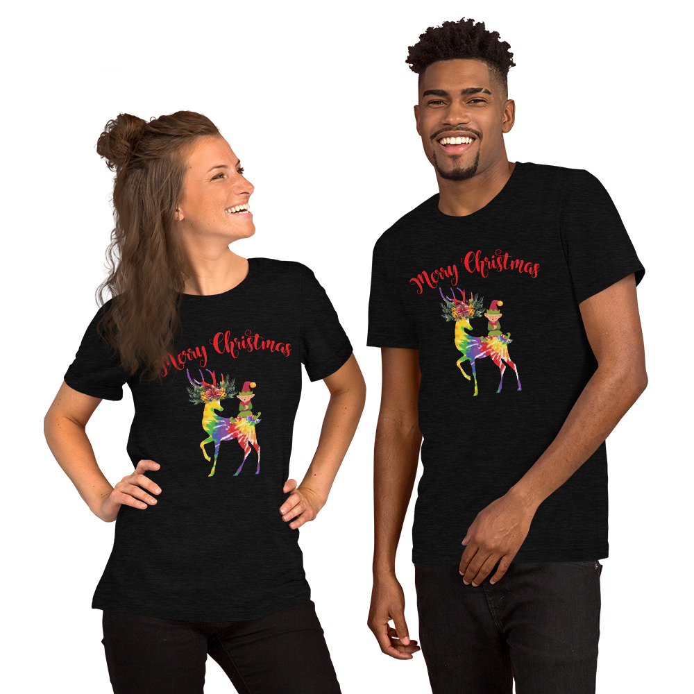 Merry Christmas Reindeer Elf Shirt, Christmas Merry Xmas shirt, Christmas Tee, Cute Merry Christmas Shirts, Cute Tie-Dye colors Deer Shirt, Holiday Shirt Short-Sleeve Unisex T-Shirt