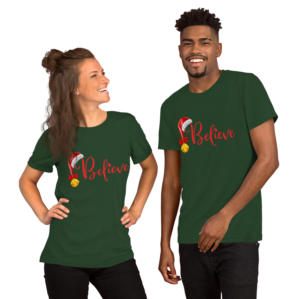 Believe Christmas Shirt, Christmas Party Shirt Christmas T-Shirt, Christmas Family Shirt, Believe Shirt, Christmas Gift, Holiday Gift, Matching Shirt, Christmas Short-Sleeve Unisex T-Shirt