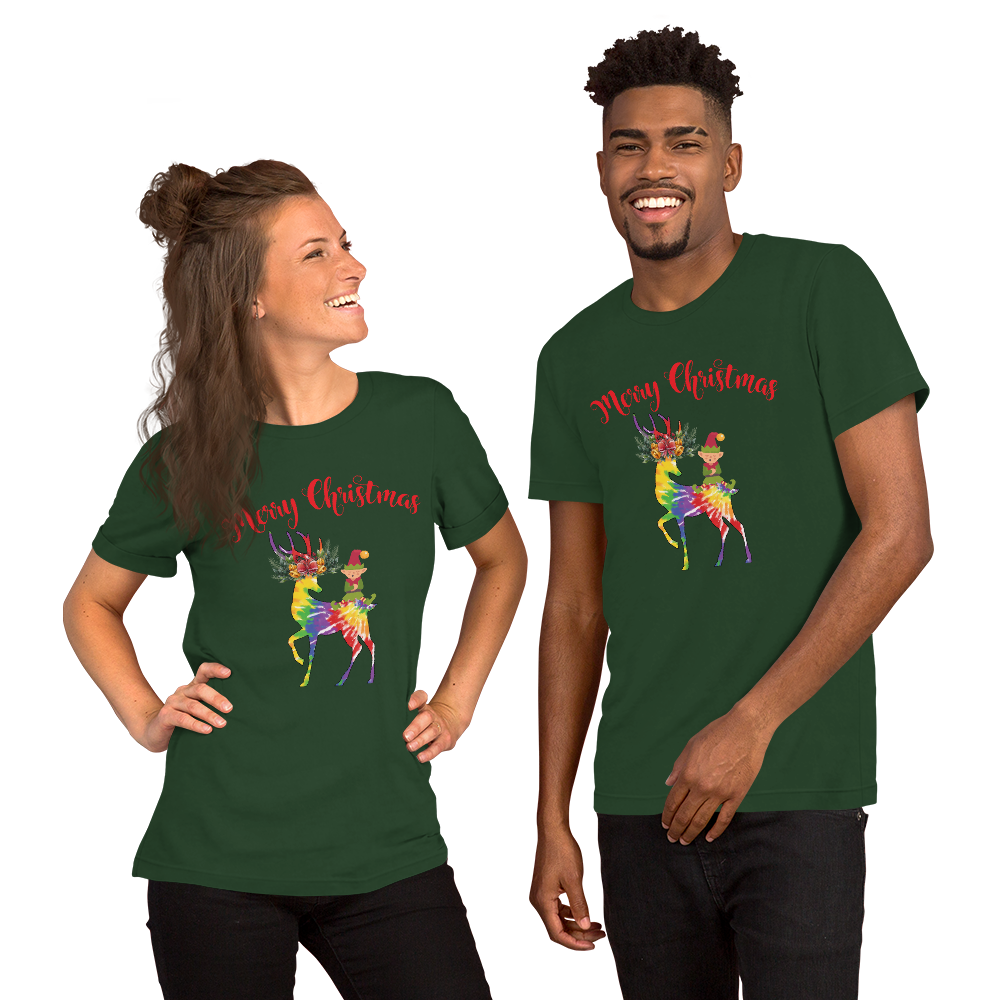 Merry Christmas Reindeer Elf Shirt, Christmas Merry Xmas shirt, Christmas Tee, Cute Merry Christmas Shirts, Cute Tie-Dye colors Deer Shirt, Holiday Shirt Short-Sleeve Unisex T-Shirt