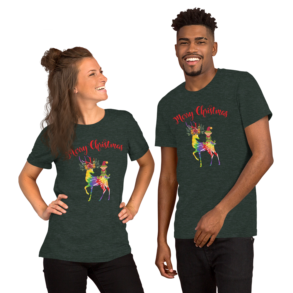 Merry Christmas Reindeer Elf Shirt, Christmas Merry Xmas shirt, Christmas Tee, Cute Merry Christmas Shirts, Cute Tie-Dye colors Deer Shirt, Holiday Shirt Short-Sleeve Unisex T-Shirt