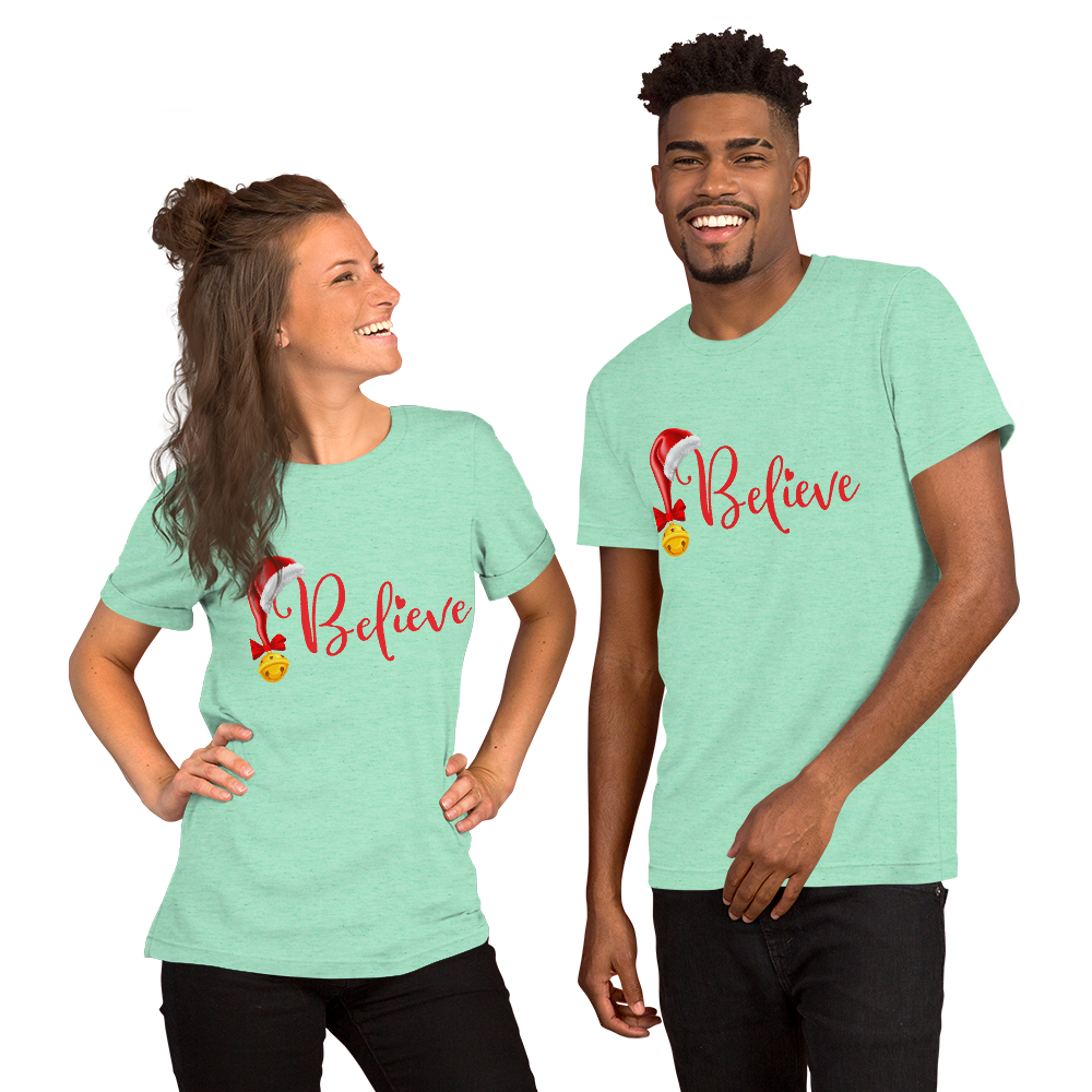 Believe Christmas Shirt, Christmas Party Shirt Christmas T-Shirt, Christmas Family Shirt, Believe Shirt, Christmas Gift, Holiday Gift, Matching Shirt, Christmas Short-Sleeve Unisex T-Shirt