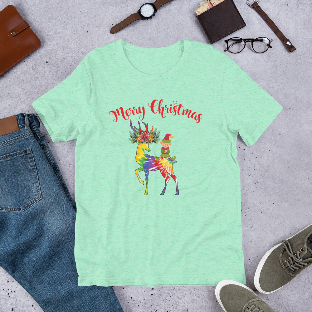 Merry Christmas Reindeer Elf Shirt, Christmas Merry Xmas shirt, Christmas Tee, Cute Merry Christmas Shirts, Cute Tie-Dye colors Deer Shirt, Holiday Shirt Short-Sleeve Unisex T-Shirt