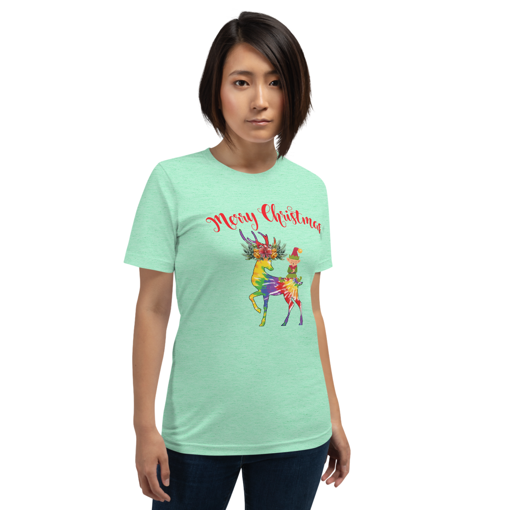 Merry Christmas Reindeer Elf Shirt, Christmas Merry Xmas shirt, Christmas Tee, Cute Merry Christmas Shirts, Cute Tie-Dye colors Deer Shirt, Holiday Shirt Short-Sleeve Unisex T-Shirt