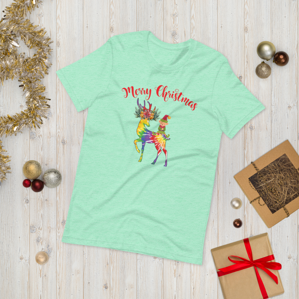 Merry Christmas Reindeer Elf Shirt, Christmas Merry Xmas shirt, Christmas Tee, Cute Merry Christmas Shirts, Cute Tie-Dye colors Deer Shirt, Holiday Shirt Short-Sleeve Unisex T-Shirt