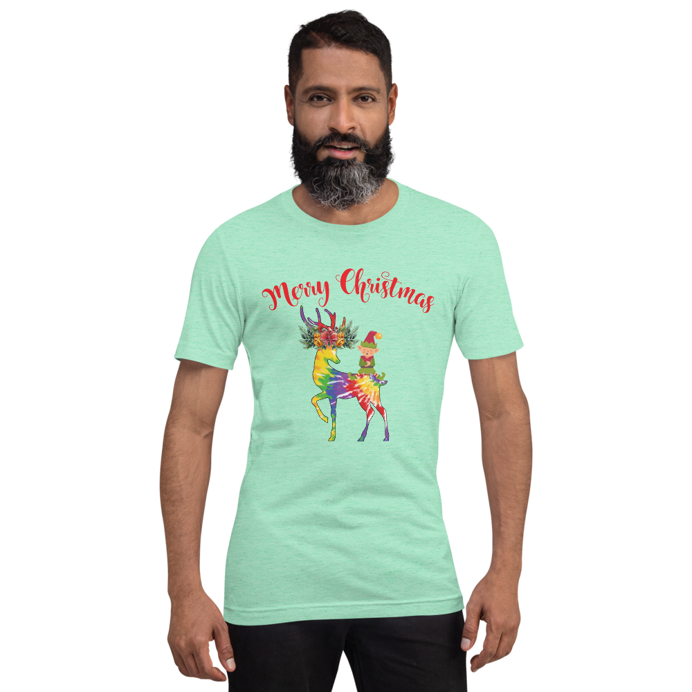 Merry Christmas Reindeer Elf Shirt, Christmas Merry Xmas shirt, Christmas Tee, Cute Merry Christmas Shirts, Cute Tie-Dye colors Deer Shirt, Holiday Shirt Short-Sleeve Unisex T-Shirt