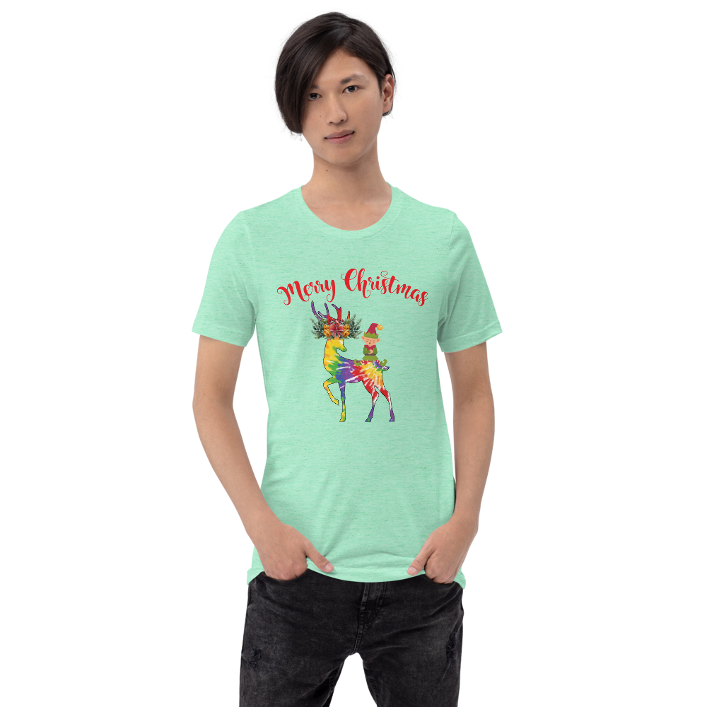 Merry Christmas Reindeer Elf Shirt, Christmas Merry Xmas shirt, Christmas Tee, Cute Merry Christmas Shirts, Cute Tie-Dye colors Deer Shirt, Holiday Shirt Short-Sleeve Unisex T-Shirt