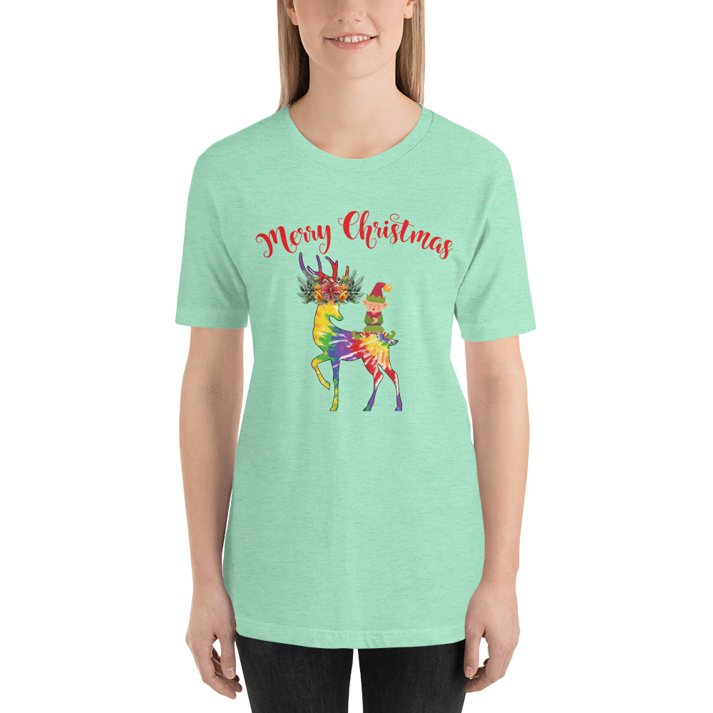 Merry Christmas Reindeer Elf Shirt, Christmas Merry Xmas shirt, Christmas Tee, Cute Merry Christmas Shirts, Cute Tie-Dye colors Deer Shirt, Holiday Shirt Short-Sleeve Unisex T-Shirt