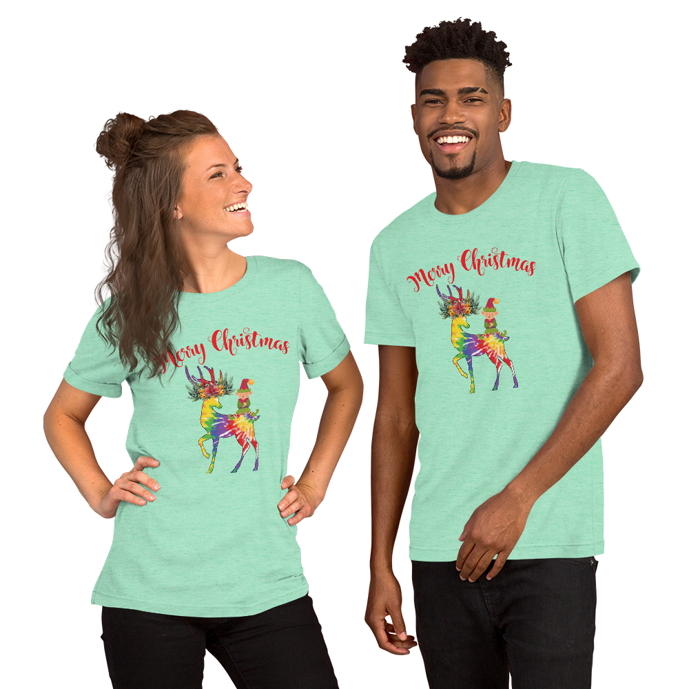 Merry Christmas Reindeer Elf Shirt, Christmas Merry Xmas shirt, Christmas Tee, Cute Merry Christmas Shirts, Cute Tie-Dye colors Deer Shirt, Holiday Shirt Short-Sleeve Unisex T-Shirt