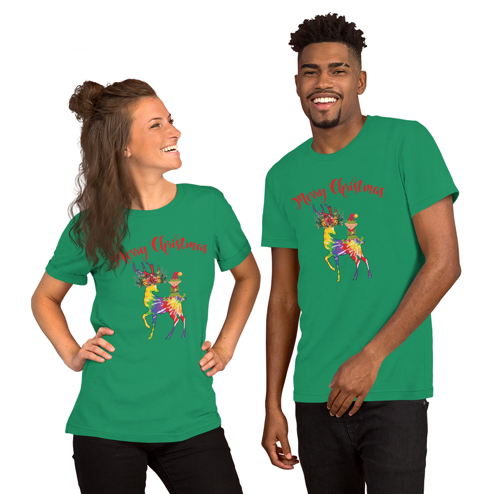 Merry Christmas Reindeer Elf Shirt, Christmas Merry Xmas shirt, Christmas Tee, Cute Merry Christmas Shirts, Cute Tie-Dye colors Deer Shirt, Holiday Shirt Short-Sleeve Unisex T-Shirt