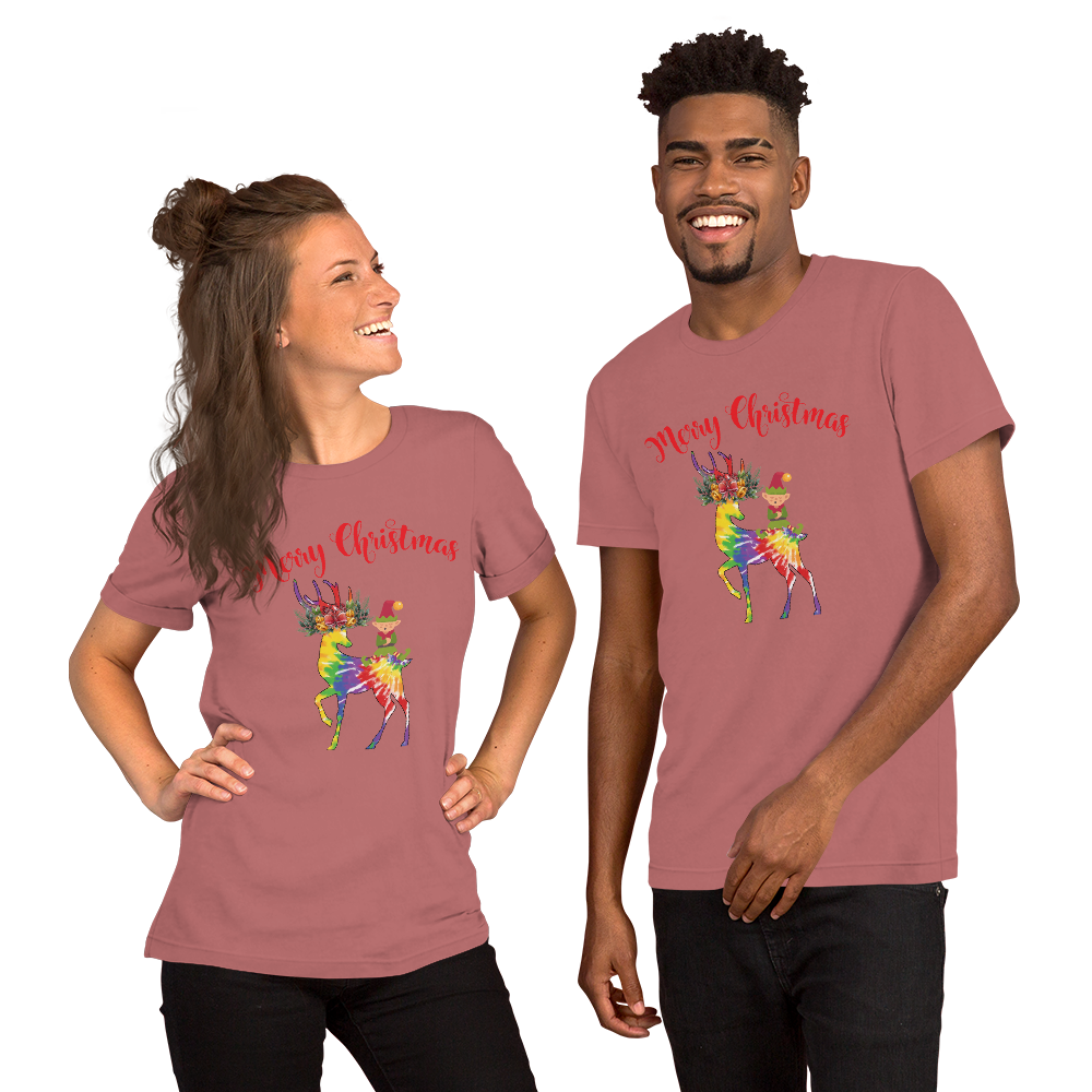 Merry Christmas Reindeer Elf Shirt, Christmas Merry Xmas shirt, Christmas Tee, Cute Merry Christmas Shirts, Cute Tie-Dye colors Deer Shirt, Holiday Shirt Short-Sleeve Unisex T-Shirt