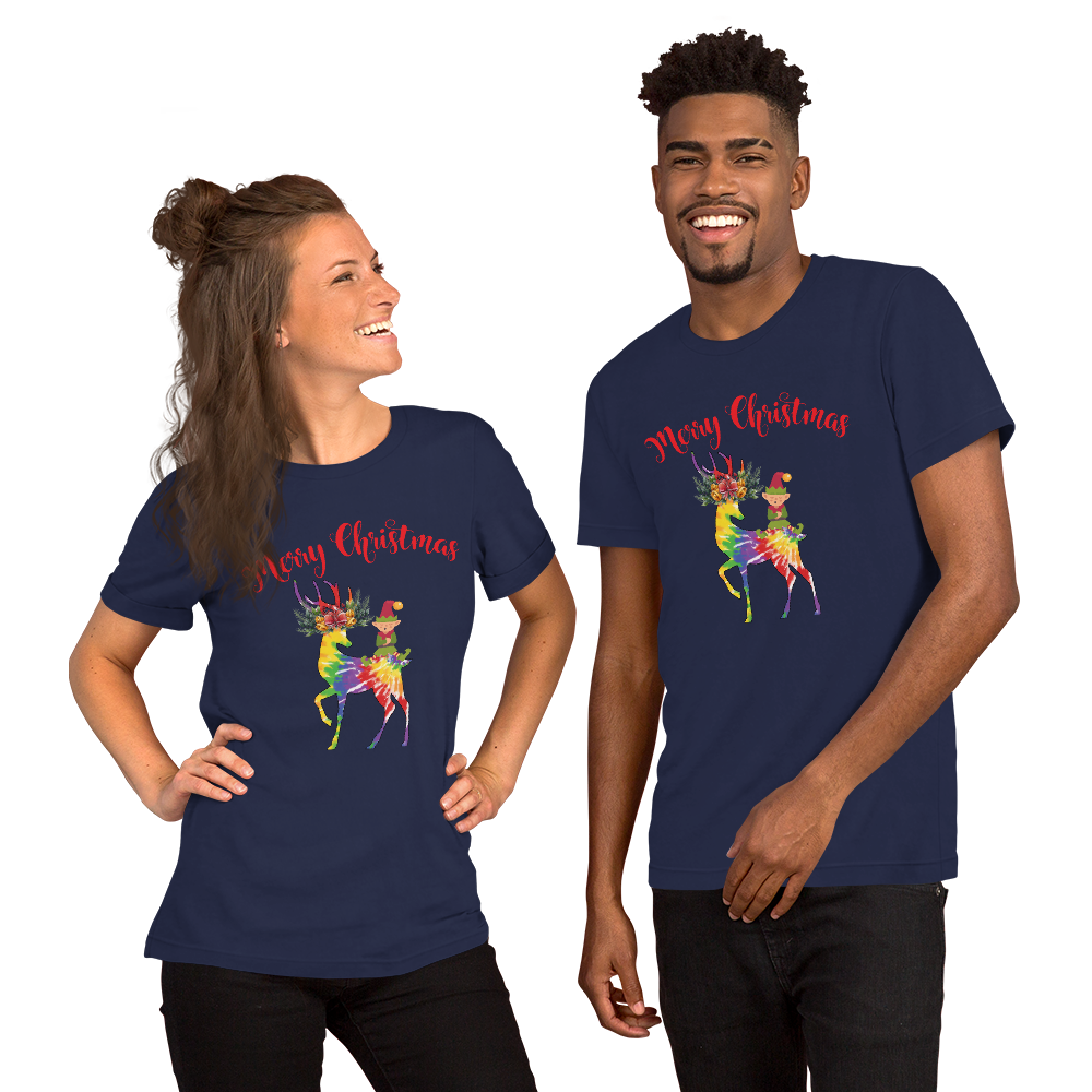 Merry Christmas Reindeer Elf Shirt, Christmas Merry Xmas shirt, Christmas Tee, Cute Merry Christmas Shirts, Cute Tie-Dye colors Deer Shirt, Holiday Shirt Short-Sleeve Unisex T-Shirt
