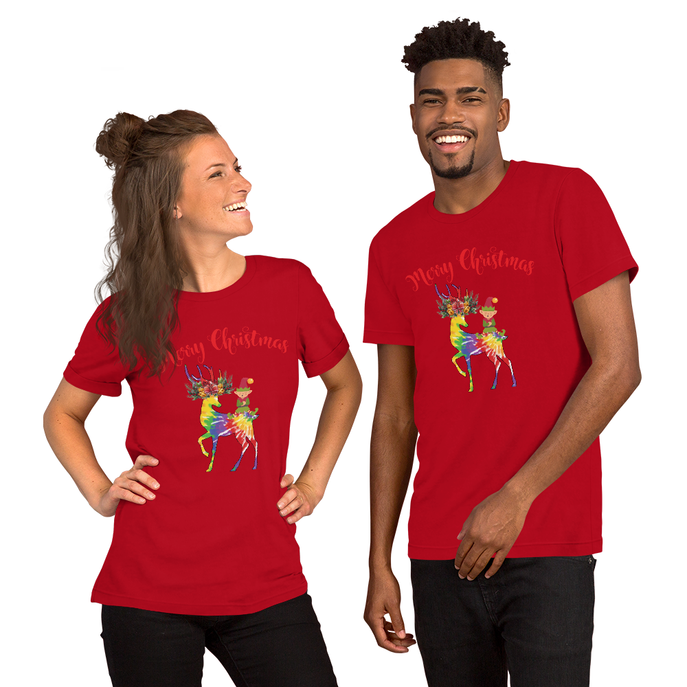 Merry Christmas Reindeer Elf Shirt, Christmas Merry Xmas shirt, Christmas Tee, Cute Merry Christmas Shirts, Cute Tie-Dye colors Deer Shirt, Holiday Shirt Short-Sleeve Unisex T-Shirt