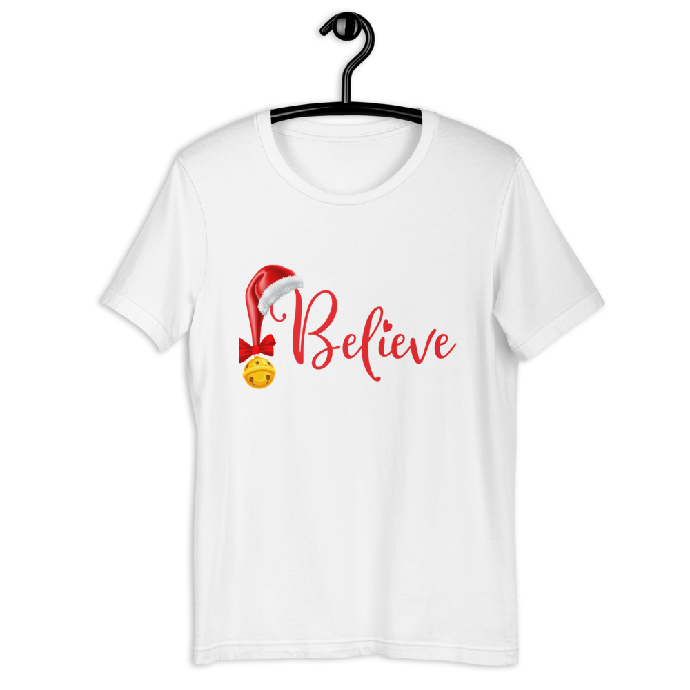 Believe Christmas Shirt, Christmas Party Shirt Christmas T-Shirt, Christmas Family Shirt, Believe Shirt, Christmas Gift, Holiday Gift, Matching Shirt, Christmas Short-Sleeve Unisex T-Shirt