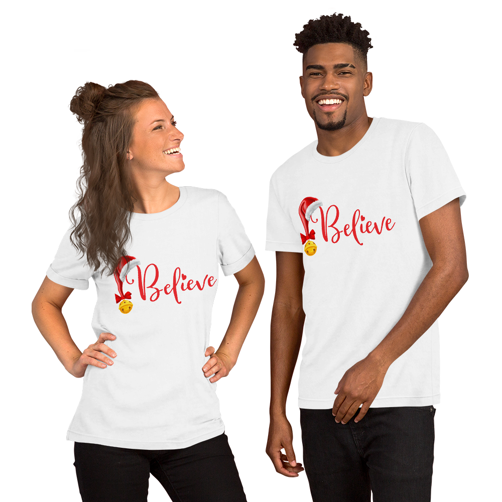Believe Christmas Shirt, Christmas Party Shirt Christmas T-Shirt, Christmas Family Shirt, Believe Shirt, Christmas Gift, Holiday Gift, Matching Shirt, Christmas Short-Sleeve Unisex T-Shirt