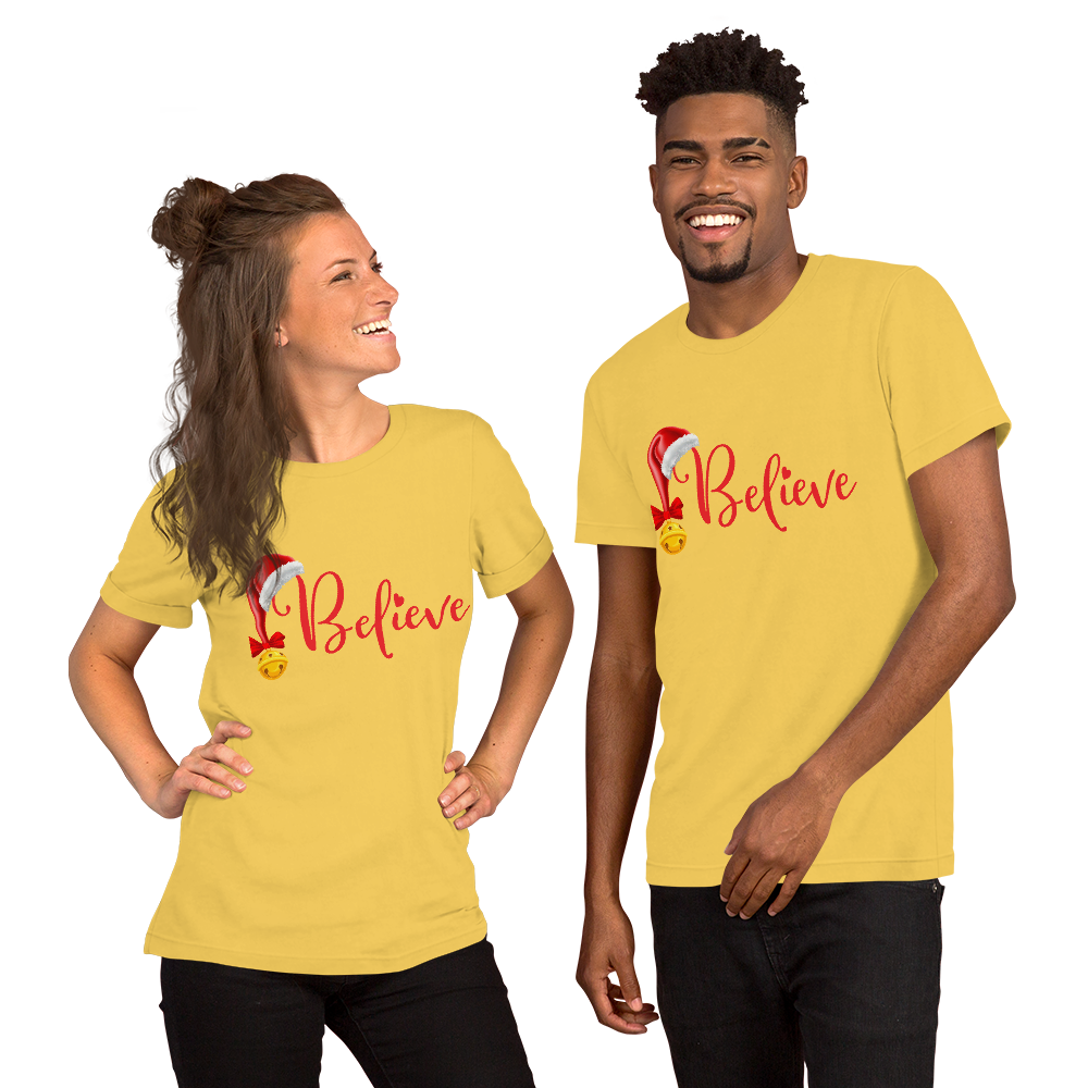 Believe Christmas Shirt, Christmas Party Shirt Christmas T-Shirt, Christmas Family Shirt, Believe Shirt, Christmas Gift, Holiday Gift, Matching Shirt, Christmas Short-Sleeve Unisex T-Shirt