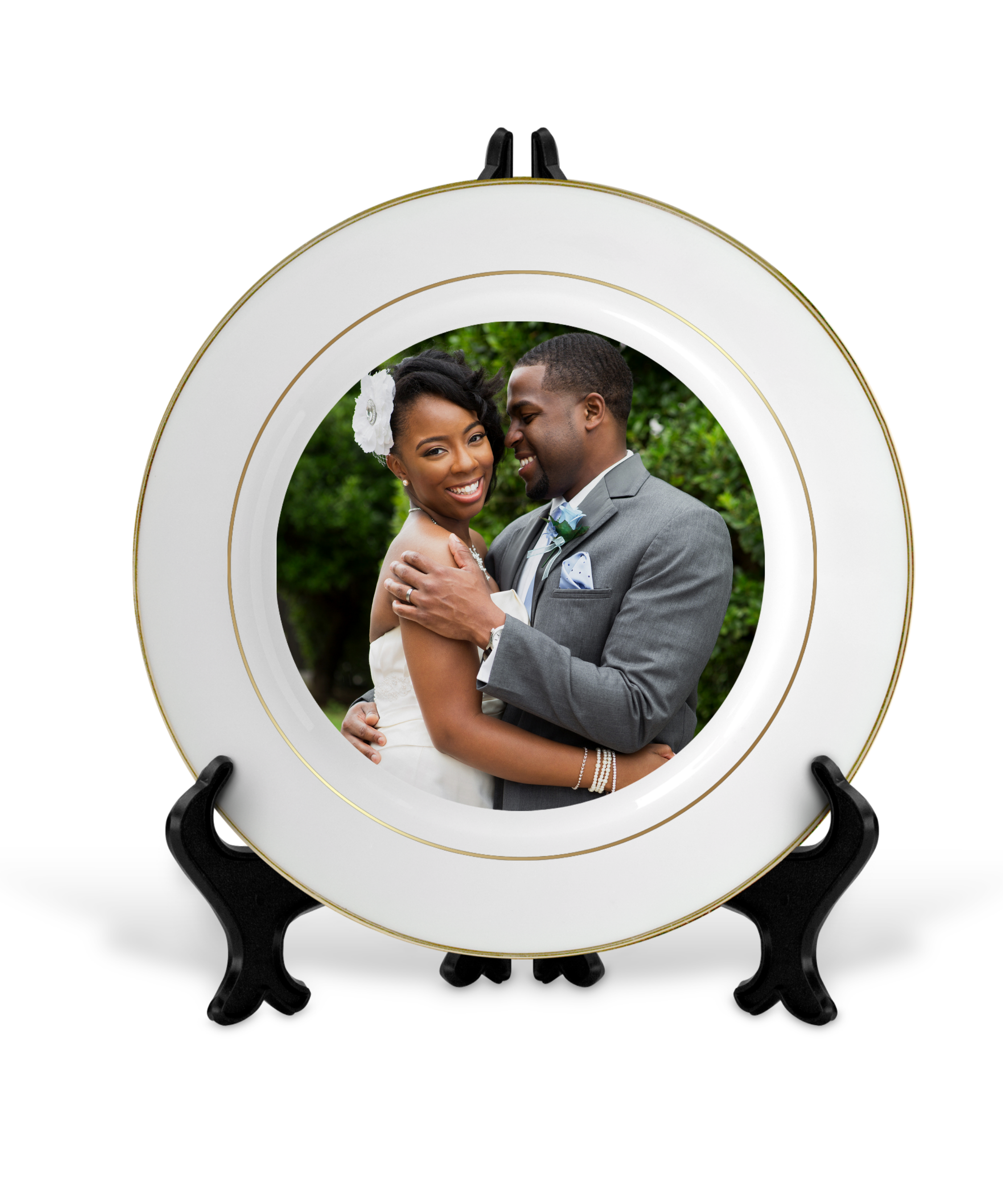 Customized 10" Rim Plate with Gold Trim| Personalized Ceramic Photo Plate| Custom Gold Accent Photo Gift Plate Keepsake with Stands and Gold Rims