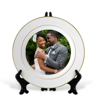 Customized 10" Rim Plate with Gold Trim| Personalized Ceramic Photo Plate| Custom Gold Accent Photo Gift Plate Keepsake with Stands and Gold Rims