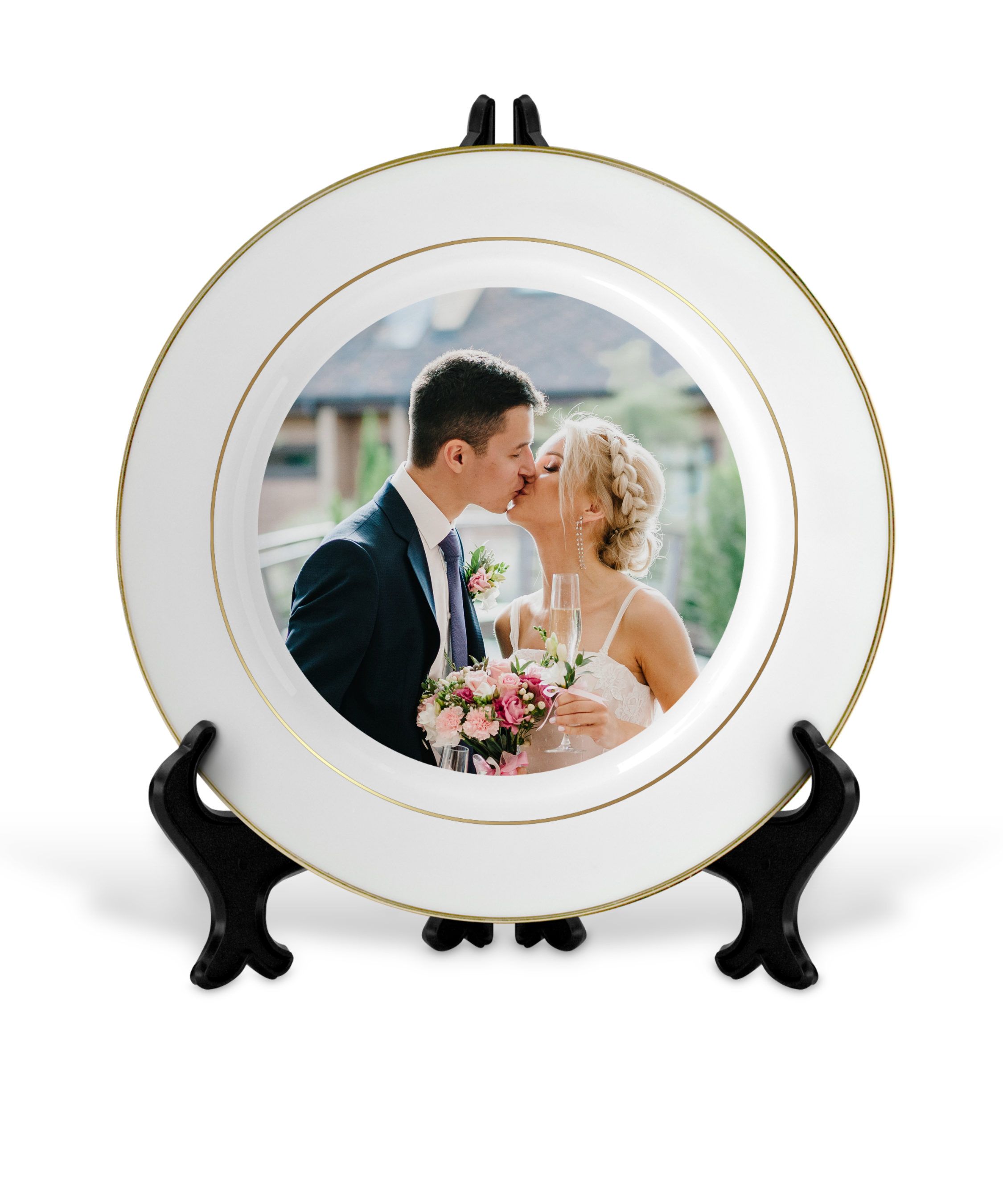 Customized 10" Rim Plate with Gold Trim| Personalized Ceramic Photo Plate| Custom Gold Accent Photo Gift Plate Keepsake with Stands and Gold Rims