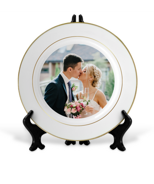 Customized 10" Rim Plate with Gold Trim| Personalized Ceramic Photo Plate| Custom Gold Accent Photo Gift Plate Keepsake with Stands and Gold Rims
